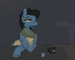 Size: 1250x1000 | Tagged: safe, artist:woons, derpibooru exclusive, imported from derpibooru, oc, oc only, oc:buckshot, cigarette, clothes, ear piercing, facial hair, female, glass, mare, piercing, sharp teeth, shot glass, sketch, teeth