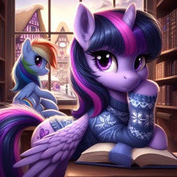 Size: 1024x1024 | Tagged: safe, imported from ponybooru, rainbow dash, twilight sparkle, alicorn, pegasus, pony, ai content, ai generated, alternate cutie mark, bing, book, clothes, duo, female, hoof on cheek, library, looking at you, mare, ponyville, sweater, twilight sparkle (alicorn)