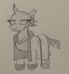 Size: 586x625 | Tagged: safe, artist:jargon scott, imported from derpibooru, oc, oc:whore bug, changeling, changeling oc, clothes, female, grayscale, lidded eyes, monochrome, open robe, pencil drawing, prostitute, robe, solo, traditional art