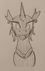 Size: 407x641 | Tagged: safe, artist:jargon scott, imported from derpibooru, oc, oc only, oc:whore bug, changeling, bust, changeling oc, grayscale, looking at you, monochrome, pencil drawing, smiling, smiling at you, solo, traditional art