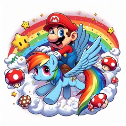 Size: 1024x1024 | Tagged: safe, artist:user15432, imported from derpibooru, rainbow dash, human, pegasus, pony, ai content, alternate cutie mark, clothes, cloud, crossover, flying, generator:bing image creator, humans riding ponies, image, looking at you, luma, mario, mushroom, needs more jpeg, open mouth, open smile, rainbow, riding, riding a pony, smiling, smiling at you, starman, stars, super mario bros.