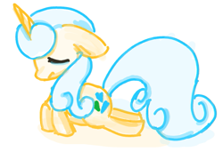 Size: 565x387 | Tagged: safe, artist:violavaquita, lemon hearts, pony, unicorn, crying, female, gartic phone, heart, lying down, mare, one ear down, sad, simple background, solo, white background