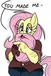Size: 1080x1610 | Tagged: safe, artist:perjector, imported from derpibooru, fluttershy, anthro, bridle gossip, arm hair, beard, bearded lady, dialogue, facial hair, female, flutterguy, mare, meme, simple background, solo, white background