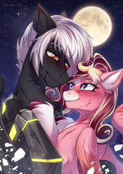Size: 2480x3507 | Tagged: safe, artist:fenwaru, imported from derpibooru, oc, oc only, oc:folgore, oc:stormy ruin, cyborg, cyborg pony, pony, fanfic:iron hearts, amputee, amulet, blood, crossover, cultist, duo, duo male and female, eye contact, female, hug, injured, jewelry, khorne, looking at each other, looking at someone, male, mark of khorne, moon, night, prosthetic leg, prosthetic limb, prosthetics, romance, warhammer (game), warhammer 40k