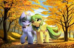 Size: 4692x3050 | Tagged: safe, artist:empress-twilight, imported from derpibooru, pony, autumn, chest fluff, duo, ear fluff, female, leaves, park, tree, unshorn fetlocks