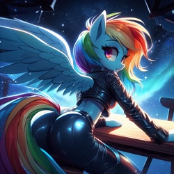 Size: 1024x1024 | Tagged: safe, imported from derpibooru, rainbow dash, anthro, pegasus, ai content, ai generated, ass, butt, chair, clothes, generator:dall-e 3, jacket, leather, leather jacket, leather pants, looking at you, looking back, looking back at you, midriff, night, pants, rainbutt dash, shiny, sky, solo, space, stars, surprised, table