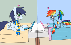 Size: 1129x720 | Tagged: safe, artist:dasher666, artist:rarityforever, edit, imported from derpibooru, rainbow dash, soarin', pegasus, pony, bed, clothes, computer, earbuds, female, g4, laptop computer, male, mare, scarf, ship:soarindash, shipping, stallion, straight, striped scarf, teenager