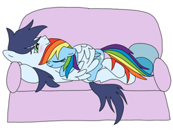 Size: 924x720 | Tagged: safe, artist:dasher666, artist:rarityforever, edit, imported from derpibooru, rainbow dash, soarin', pegasus, pony, couch, cuddling, female, g4, hug, male, mare, ship:soarindash, shipping, simple background, stallion, straight, white background, winghug, wings