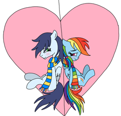 Size: 752x720 | Tagged: safe, artist:dasher666, artist:rarityforever, edit, imported from derpibooru, rainbow dash, soarin', pegasus, pony, clothes, female, g4, male, mare, scarf, ship:soarindash, shipping, simple background, stallion, straight, striped scarf, teenager, white background