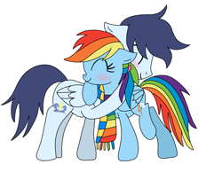 Size: 885x720 | Tagged: safe, artist:dasher666, artist:rarityforever, edit, imported from derpibooru, rainbow dash, soarin', pegasus, pony, clothes, female, g4, male, mare, scarf, ship:soarindash, shipping, simple background, stallion, straight, striped scarf, teenager, white background