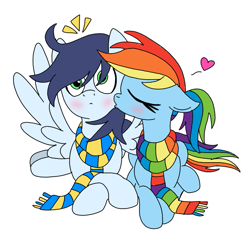 Size: 725x720 | Tagged: safe, artist:dasher666, artist:rarityforever, edit, imported from derpibooru, rainbow dash, soarin', pegasus, pony, cheek kiss, clothes, female, g4, kissing, male, mare, scarf, ship:soarindash, shipping, simple background, stallion, straight, striped scarf, teenager, white background