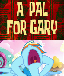 Size: 824x970 | Tagged: safe, edit, edited screencap, editor:undeadponysoldier, imported from ponybooru, screencap, rainbow dash, pegasus, pony, a pal for gary, angry, criticism, explanation in the description, female, furious, mare, rant, spongebob squarepants, title card