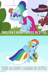 Size: 500x750 | Tagged: safe, edit, edited screencap, imported from derpibooru, screencap, rainbow dash, rarity, sparkle's seven, suited for success, alternate hairstyle, caption, clothes, dress, g4, gala dress, image macro, imgflip, impact font, megaradash, meme, rainbow dash always dresses in style, text