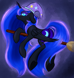 Size: 2359x2500 | Tagged: safe, artist:renarde-louve, imported from derpibooru, nightmare moon, alicorn, pony, aside glance, broom, female, floppy ears, flying, flying broomstick, g4, hat, high res, looking at you, lying down, mare, prone, sideways glance, smiling, smiling at you, solo, wings, witch hat