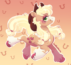 Size: 2236x2063 | Tagged: safe, artist:bishopony, imported from derpibooru, applejack, earth pony, pony, blush scribble, blushing, coat markings, female, g4, gradient background, lidded eyes, looking at you, mare, smiling, smiling at you, socks (coat markings), solo, trotting