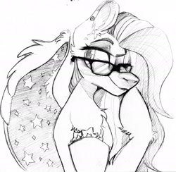 Size: 2210x2160 | Tagged: safe, artist:wacky-skiff, imported from derpibooru, oc, oc:star dust, pegasus, black and white, bust, chest fluff, ear fluff, ear piercing, eyebrows, eyelashes, eyeliner, eyeshadow, femboy, glasses, grayscale, half body, long mane, looking at someone, looking at something, loose hair, makeup, male, monochrome, one eye closed, pegasus oc, piercing, raised hoof, requested art, simple background, sketch, smiling, smirk, solo, stars, traditional art, wings