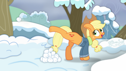 Size: 3840x2160 | Tagged: safe, artist:starry swirl, imported from derpibooru, applejack, earth pony, pony, best gift ever, female, mare, scene interpretation, snow, snowball, solo