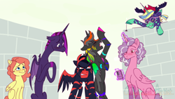 Size: 2560x1440 | Tagged: safe, artist:mythicalartist_, imported from derpibooru, oc, oc only, oc:crimson death, oc:gentle shy, oc:german pringles, oc:hallow tears, oc:nighttime lights, oc:princess praeludere, alicorn, bat pony, bat pony alicorn, pegasus, pony, spider, annoyed, antlers, bat pony oc, bat wings, blushing, cellphone, cowboy hat, donut steel, female, glasses, glowing, glowing horn, hat, horn, levitation, magic, male, mare, open mouth, phone, prank, red and black oc, round glasses, smartphone, smiling, stallion, telekinesis, wall, wings