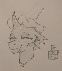 Size: 757x870 | Tagged: safe, artist:jargon scott, imported from derpibooru, oc, oc only, oc:whore bug, changeling, changeling oc, disembodied hoof, eyes closed, female, grayscale, monochrome, offscreen character, pencil drawing, polishing, rag, smiling, solo, traditional art, wax