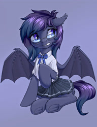 Size: 3130x4093 | Tagged: safe, artist:qwq2233, imported from derpibooru, oc, oc only, oc:midnight hurricane, bat pony, pony, bow, clothes, eyebrows, eyebrows visible through hair, floppy ears, glasses, shirt, skirt, spread wings, underhoof, wings