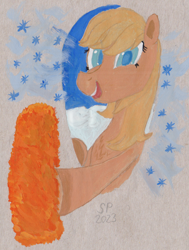 Size: 1080x1428 | Tagged: safe, artist:shitty painter, imported from twibooru, oc, oc:salmon run, fish, pony, bust, female, fishy stick, gouache, image, mare, png, portrait, sky, snow, traditional art, yakutian horse