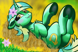 Size: 3072x2048 | Tagged: safe, alternate version, artist:maonyman, imported from derpibooru, lyra heartstrings, pony, unicorn, blurry background, blushing, butt, chest fluff, comfy, dock, female, field, floppy ears, flower, flower in hair, food, g4, grass, looking at you, lying down, lying in grass, mare, on back, plot, raised hoof, raised hooves, shading, shading practice, shoulder fluff, smiling, smirk, solo, tail, underhoof, wheat