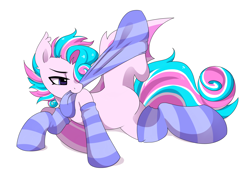 Size: 5000x3500 | Tagged: source needed, safe, artist:haruk, imported from derpibooru, oc, oc only, oc:sweetie swirl, clothes, femboy, lying down, male, multicolored hair, simple background, socks, striped socks, white background