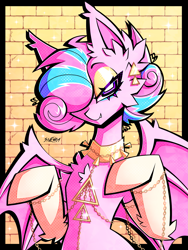 Size: 1725x2300 | Tagged: source needed, safe, artist:sne4ka, imported from derpibooru, oc, oc only, oc:sweetie swirl, bat pony, bat pony oc, bat wings, brick wall, chest fluff, ear piercing, eyeshadow, gold, jewelry, looking at you, makeup, multicolored hair, piercing, solo, sparkles, wings
