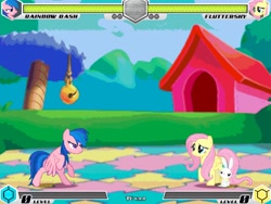 Size: 994x746 | Tagged: safe, artist:tom artista, imported from derpibooru, screencap, angel bunny, firefly, fluttershy, rainbow dash, pegasus, fighting is magic, bipedal, colored, colorful, crossover, fan game, g4, grass, house, new, puzzle, rattle, stage