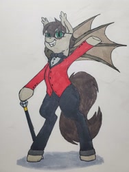 Size: 3024x4032 | Tagged: safe, artist:rustlerustle, imported from derpibooru, oc, oc only, oc:cornerstone, bat pony, pony, bat pony oc, bat wings, bipedal, cane, clothes, male, smiling, solo, spread wings, suit, traditional art, wings