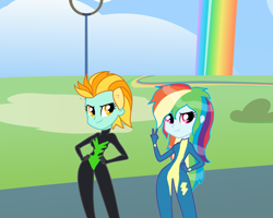 Size: 1520x1216 | Tagged: safe, artist:kog, imported from derpibooru, lightning dust, rainbow dash, equestria girls, wonderbolts academy, bodysuit, clothes, duo, duo female, female, lesbian, ship:rainbowdust, shipping, smiling, tomboy, uniform, washouts uniform, wonderbolts uniform