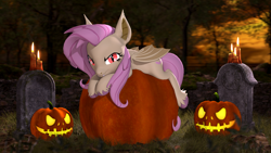 Size: 3840x2160 | Tagged: safe, artist:owlpirate, imported from derpibooru, fluttershy, bat pony, pony, 3d, 4k, bat ponified, candle, female, flutterbat, gravestone, halloween, high res, holiday, jack-o-lantern, lidded eyes, looking at you, lying down, mare, prone, pumpkin, race swap, smiling, smiling at you, solo, source filmmaker