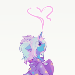 Size: 2000x2000 | Tagged: safe, artist:mirtash, imported from derpibooru, trixie, pony, unicorn, alternate hairstyle, babysitter trixie, clothes, eye clipping through hair, female, glowing, glowing horn, heart, high res, hoodie, horn, magic, magic aura, mare, open mouth, open smile, simple background, smiling, solo, white background