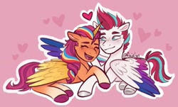 Size: 1481x893 | Tagged: safe, artist:faielyn, imported from derpibooru, sunny starscout, zipp storm, alicorn, pegasus, pony, blush lines, blushing, eyes closed, female, g5, heart, lesbian, open mouth, open smile, race swap, shipping, smiling, sunnycorn, sunnyzipp, underhoof