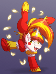 Size: 2360x3099 | Tagged: safe, artist:witchtaunter, imported from ponybooru, oc, oc:mirthful, pony, unicorn, acrobatics, commission, feather, handstand, happy, jester, jester motley, joy, laughing, magic, makeup, male, simple background, solo, stallion, traditional art, tumbling, upside down