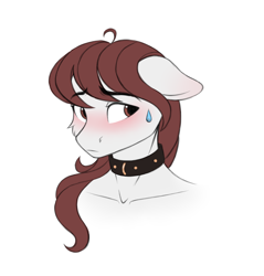 Size: 1684x1765 | Tagged: safe, artist:vetta, imported from derpibooru, oc, oc only, anthro, earth pony, blushing, bust, collar, floppy ears, portrait, simple background, solo, sweat, sweatdrop, white background