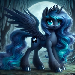 Size: 1024x1024 | Tagged: safe, imported from ponybooru, princess luna, alicorn, pony, ai content, ai generated, bing, female, hoof polish, mare, missing accessory, moon, smiling, solo, tree, unshorn fetlocks