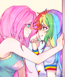 Size: 1080x1277 | Tagged: safe, artist:fanricey, imported from derpibooru, part of a set, fluttershy, rainbow dash, human, female, g4, humanized, lesbian, ship:flutterdash, shipping