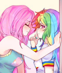 Size: 1080x1277 | Tagged: safe, artist:fanricey, imported from derpibooru, part of a set, fluttershy, rainbow dash, human, female, g4, humanized, lesbian, ship:flutterdash, shipping