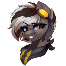 Size: 2000x2000 | Tagged: safe, alternate version, artist:skyboundsiren, imported from derpibooru, oc, oc only, oc:zephyr corax, pegasus, bandana, eyebrows, female, hairpin, raised eyebrow, short hair, signature, simple background, smiling, smirk, solo, transparent background