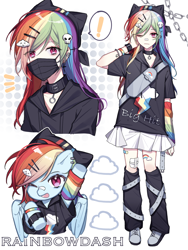 Size: 1536x2048 | Tagged: safe, artist:hellen708, artist:hfn29852262, imported from derpibooru, part of a set, rainbow dash, human, pegasus, pony, arm behind head, arm warmers, bandaid, bandaid on nose, beanie, bracelet, chains, choker, clothes, ear piercing, earring, exclamation point, face mask, g4, hairclip, hat, hooded t-shirt, hoodie, humanized, jewelry, leg warmers, looking at you, magenta eyes, mask, one eye closed, open mouth, piercing, shoes, simple background, skirt, smiling, speech bubble, standing, waving, white background, wink