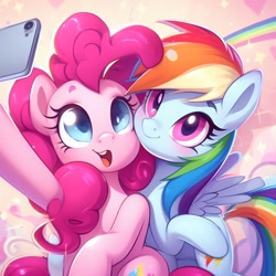 Size: 1024x1024 | Tagged: safe, artist:sgeduegydydv, imported from derpibooru, pinkie pie, rainbow dash, earth pony, pegasus, pony, ai content, ai generated, cellphone, female, friends, g4, phone, selfie, smartphone, smiling