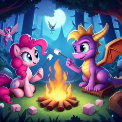 Size: 1024x1024 | Tagged: safe, imported from derpibooru, pinkie pie, dragon, earth pony, pony, ai content, ai generated, campfire, female, food, g4, male, marshmallow, moon, night, prompter:pinkiepiepics, roasting, spyro the dragon, spyro the dragon (series), tree, wrong eye color