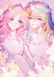 Size: 2079x2953 | Tagged: safe, artist:hellen708, artist:hfn29852262, imported from derpibooru, fluttershy, rainbow dash, human, duo, female, floral head wreath, flower, g4, grin, holding hands, humanized, lesbian, looking at you, ship:flutterdash, shipping, smiling, smiling at you