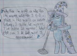 Size: 646x468 | Tagged: safe, artist:mr.myoozik, derpibooru exclusive, imported from derpibooru, trixie, unicorn, bipedal, cape, clothes, eyelashes, eyes closed, female, g4, hat, horn, i've gotta be me, lyrics, mare, microphone, sammy davis jr., singing, solo, song reference, speech bubble, text, traditional art, trixie day, trixie's cape, trixie's hat