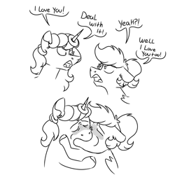 Size: 900x900 | Tagged: safe, artist:fuckomcfuck, imported from derpibooru, oc, oc only, oc:donut daydream, oc:doodles, pegasus, pony, unicorn, angry, blushing, donut, food, kissing, monochrome, simple background, speech bubble, white background, yelling