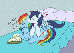 Size: 989x720 | Tagged: safe, artist:dasher666, artist:tinuleaf, edit, imported from derpibooru, rainbow dash, soarin', pegasus, pony, bed, book, cheek kiss, female, kissing, male, mare, ship:soarindash, shipping, stallion, straight