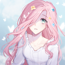 Size: 2048x2048 | Tagged: safe, artist:hellen708, artist:hfn29852262, imported from derpibooru, fluttershy, human, anime style, female, flower, flower in hair, g4, hair over one eye, humanized, looking at you, solo