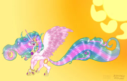 Size: 826x528 | Tagged: safe, artist:gillycynder13, imported from derpibooru, princess celestia, alicorn, pony, concave belly, crown, curly mane, curly tail, female, g4, gradient background, hoof shoes, horn, impossibly long tail, jewelry, large wings, long horn, long mane, peytral, princess shoes, raised hoof, regalia, slim, solo, spread wings, sun, tail, thin, wings