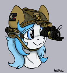 Size: 1133x1235 | Tagged: safe, artist:reddthebat, imported from derpibooru, oc, oc only, pony, clothes, female, gray background, helmet, mare, military uniform, scope, signature, simple background, smiling, solo, sternocleidomastoid, uniform